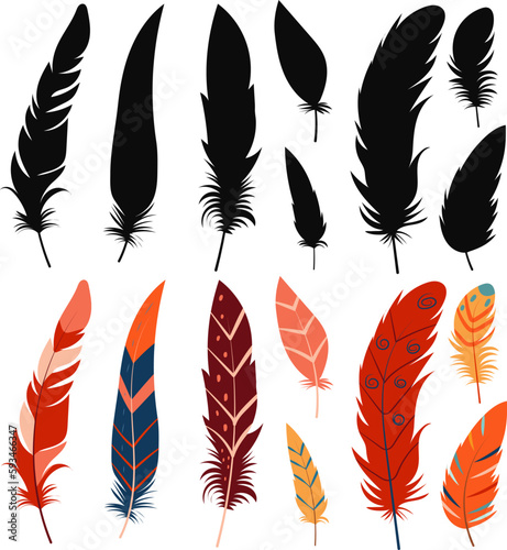 set of bird feathers silhouette, vector