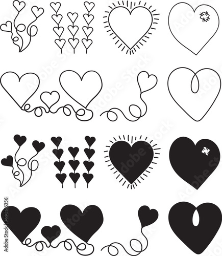 set of hearts in doodle style, vector