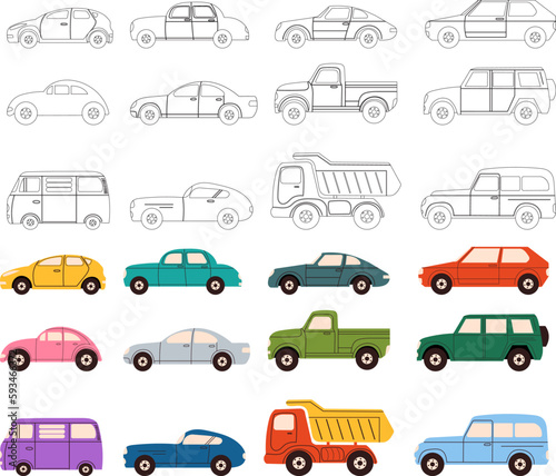 set of cars for children's coloring, vector
