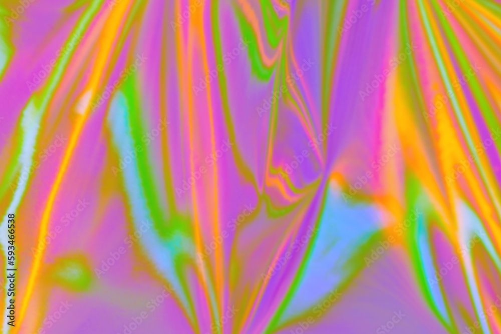 Blurred ethereal pastel neon pink, purple, orange, green, mint holographic metallic foil background texture. Abstract futuristic disco, rave, festive dreamlike, Lo-fi multicolor vintage retro design