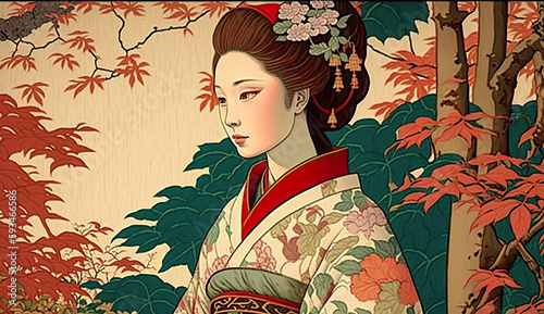 Serene Landscape with a Beautiful Woman Japanese Painting AI Generated 