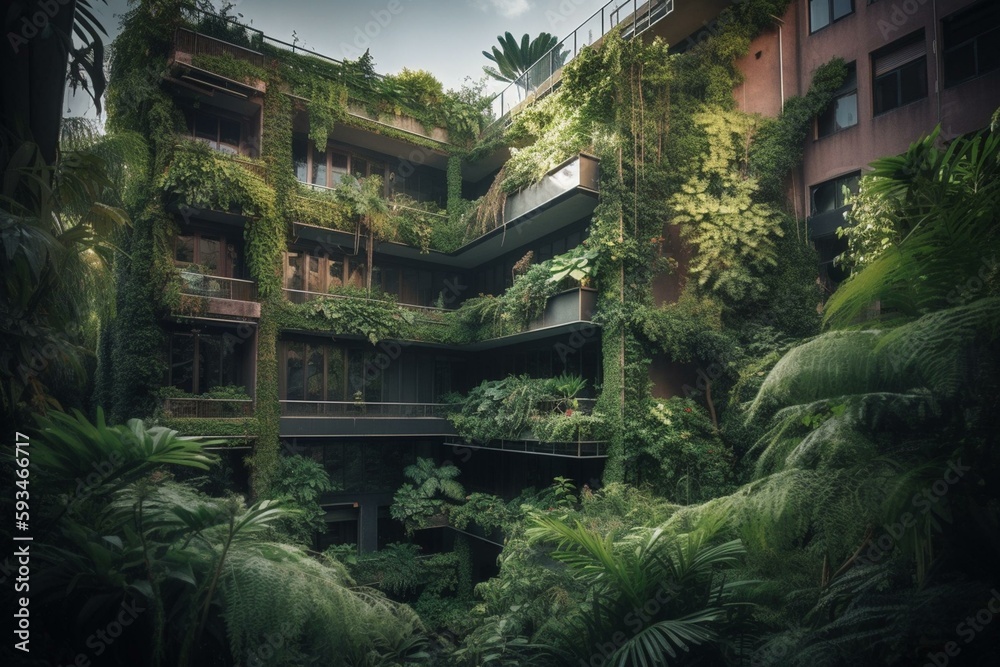 A green building covered in plants. Ecofriendly, sustainability