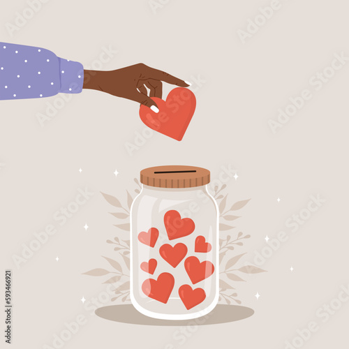Donation glass jar with red hearts. African female hand throw heart in huge bottle for donate. Give and share your love. Support for poor people and children. Vector illustration in cartoon style.