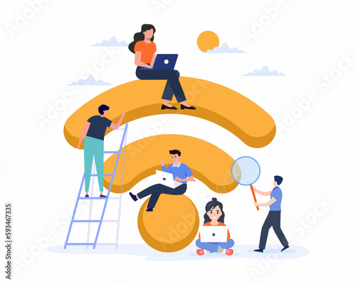 Tiny people sitting and standing near giant wifi symbol concept of Public free Wi-Fi hotspot zone wireless connection