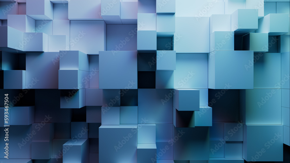 Precisely Constructed Multisized Cube Wall. Purple and Aqua, Futuristic Tech Wallpaper. 3D Render.