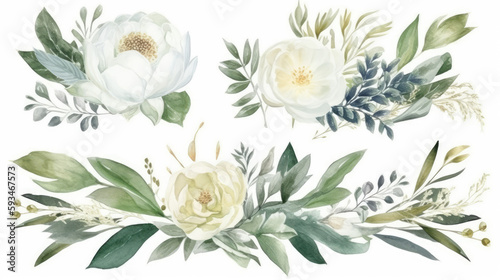 Watercolor floral illustration set, bouquets and wreath. White flowers