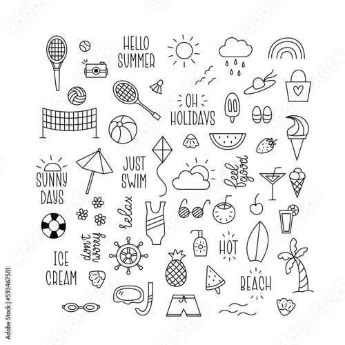 Summer Doodle Collection. Editable Stroke Outline. Summer and Beach Design Elements and Lettering in Doodle Style.