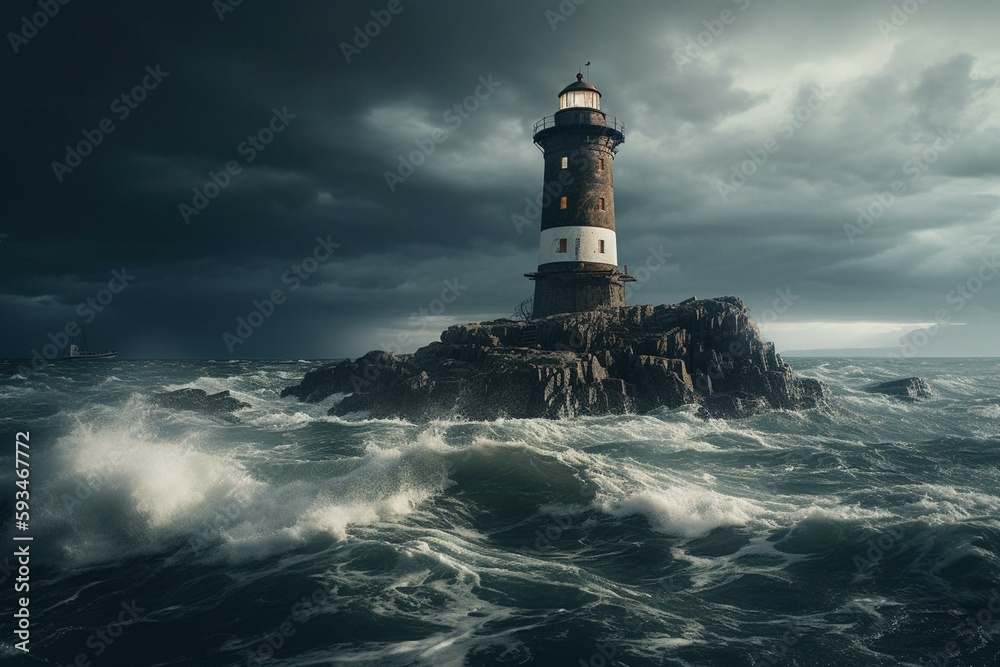 Lighthouse under storm. Generative AI