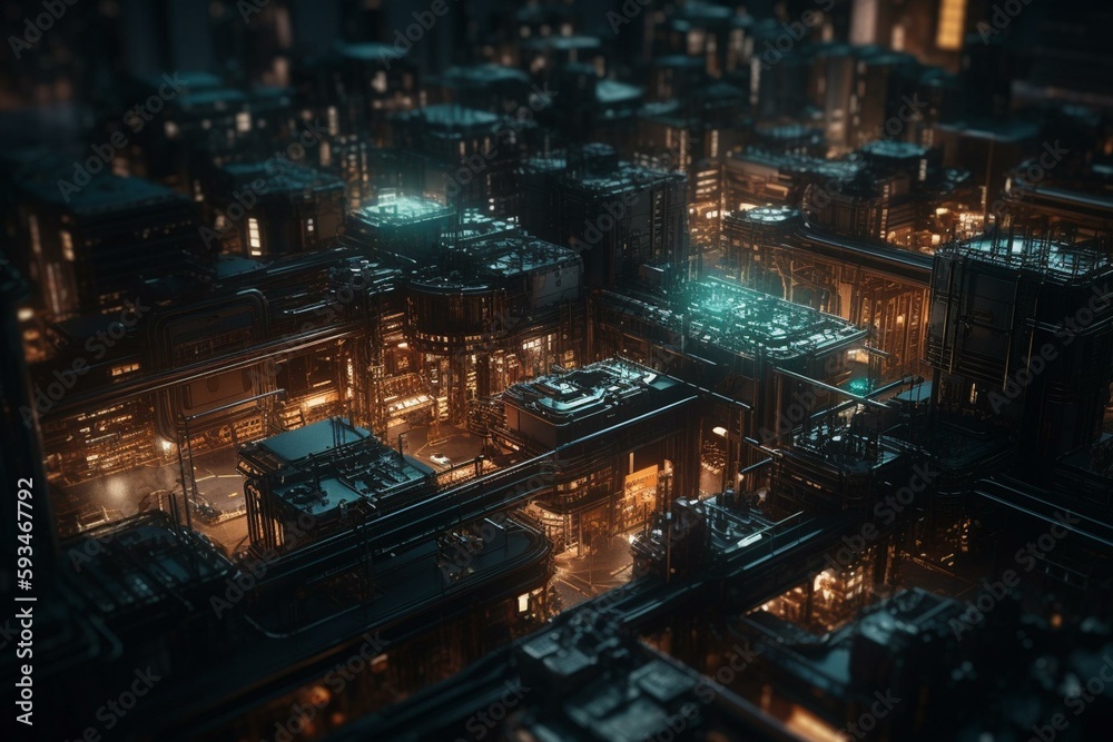 glowing futuristic city. high tech city built on a circuit board. chatGPT concept art. Generative AI