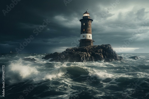Lighthouse under storm. Generative AI