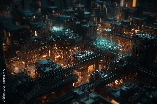 glowing futuristic city. high tech city built on a circuit board. chatGPT concept art. Generative AI © Carter