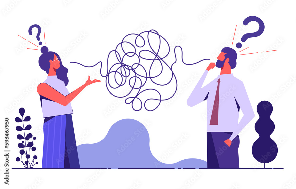 Problems in communication concept, misunderstanding create confusion in work, miscommunicate unclear message and information, businessman and woman have troubles with understanding each other vector i - obrazy, fototapety, plakaty 