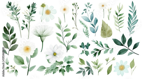 Watercolour floral illustration set 2. White flowers, green leaves individual elements collection. 