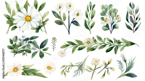 Watercolour floral illustration set. White flowers, green leaves individual elements collection. 