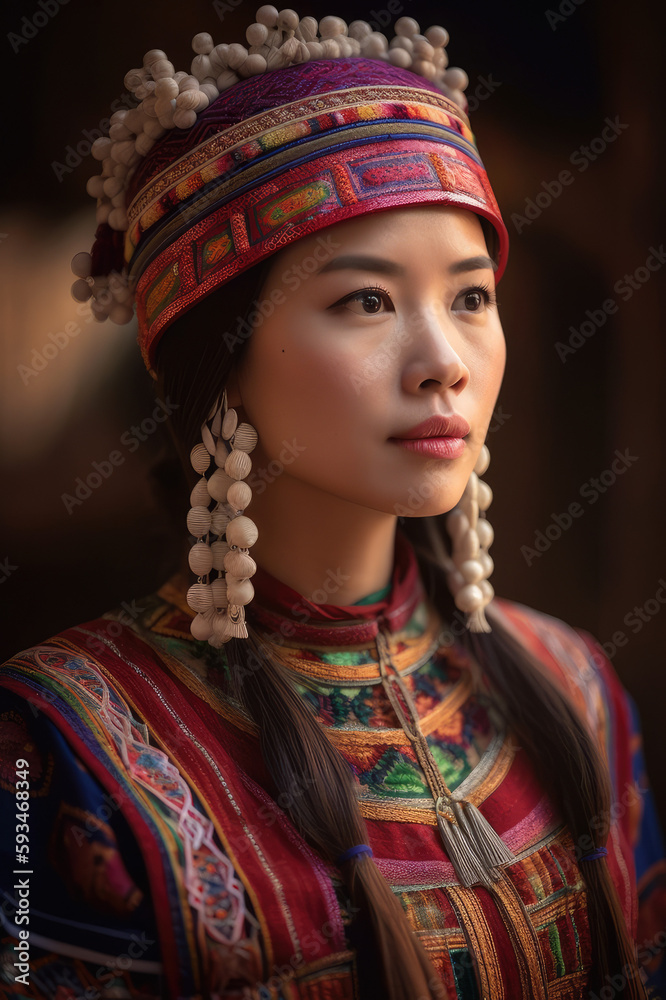 Portrait of a Hmong woman wearing traditional clothing