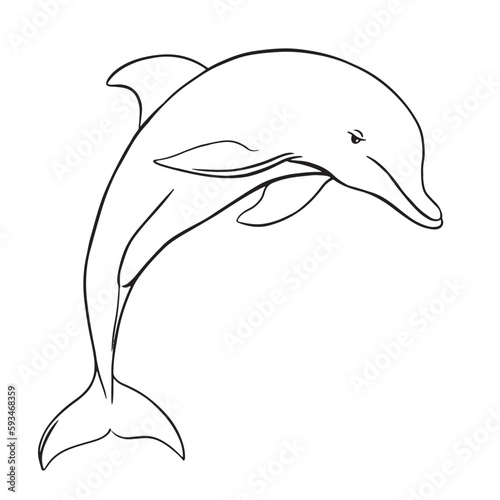 A cheerful dolphin jumping out of the water. Vector illustration in engraving style. Clipart for the emblem made with a thin black line on a white background.