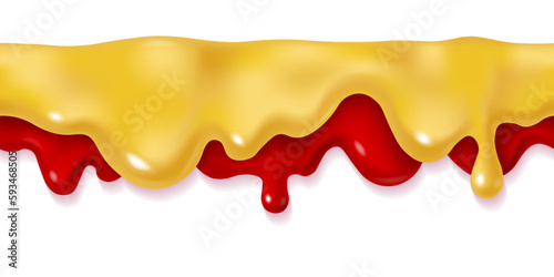 Dripping ketchup and mustard sauce design. Vector 3d liquid paint stain illustration. Realistic horizontal pizza seamless border isolated.