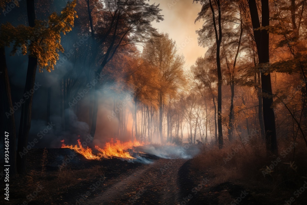 Dry forest at fall time burning and creating a lot of smoke. A forest with big trees and wildfire at dusk time. Forest Road and yellow trees burning in flame. Wildfire in a forest. Generative AI.