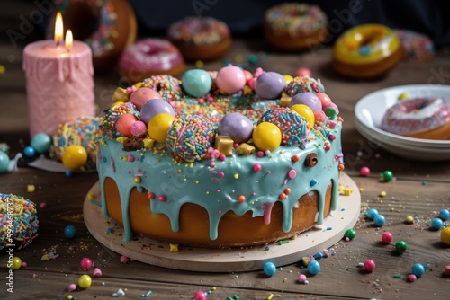 Delicious cake on a wooden table with lots of toppings. Birthday cake close-up with sweets and donuts. Realistic birthday cake with donuts and candles in the background. Generative AI.
