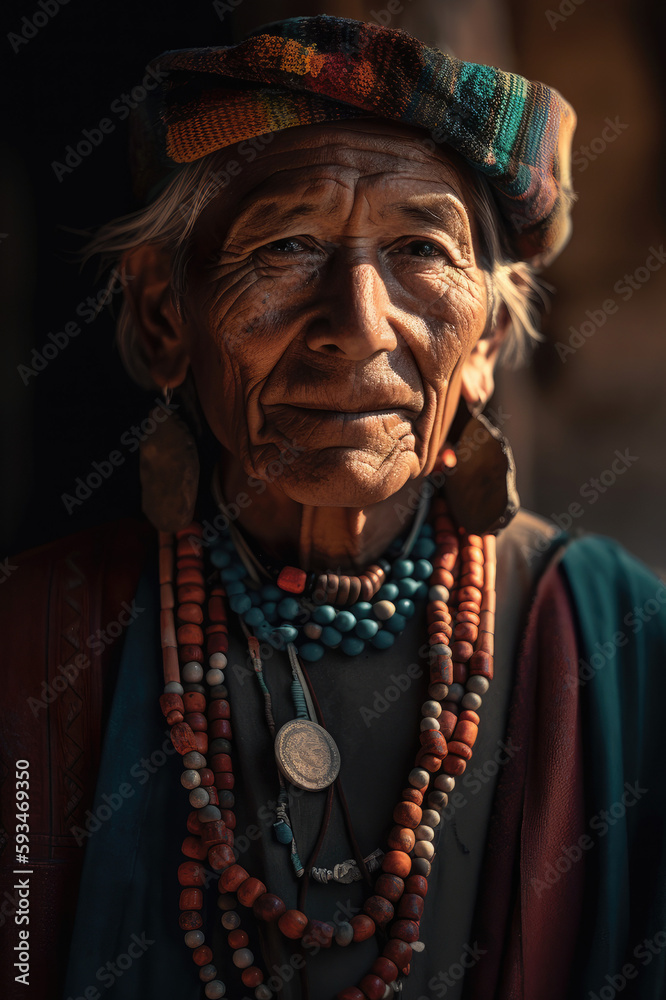 Obraz premium A moving portrait of a Pueblo man wearing traditional clothing