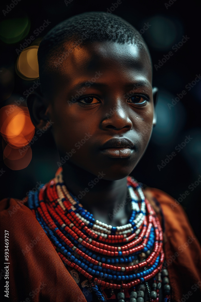 A dramatic portrait of a Maasai boy with beaded accessories and traditional wear A dramatic portrait of a Maasai boy with beaded accessories and traditional wear