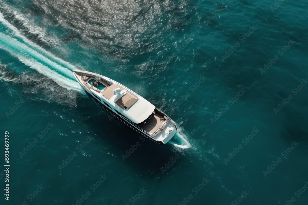 Aerial view of a speed boat in the turquoise sea, Generative AI Aerial view of a speed boat in the turquoise sea, Generative AI