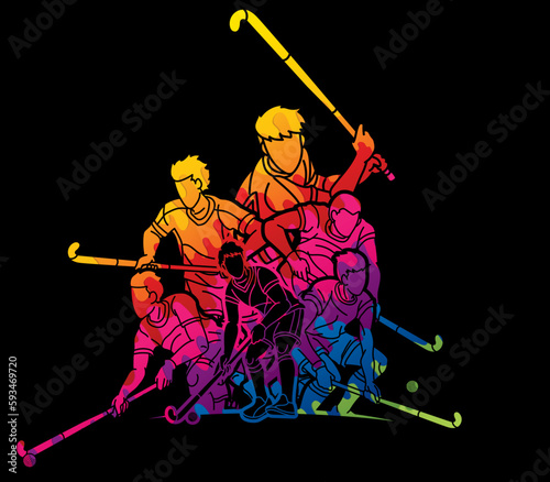 Field Hockey Sport Male Players Mix Action Cartoon Graphic Vector