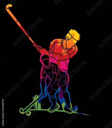 Field Hockey Sport Male Players Mix Action Cartoon Graphic Vector