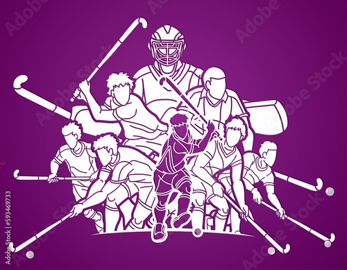Field Hockey Sport Male Players Mix Action Cartoon Graphic Vector