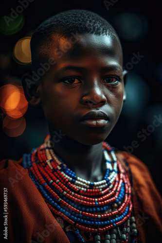 A dramatic portrait of a Maasai boy with beaded accessories and traditional wear