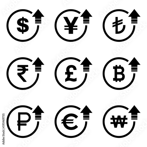 Cost symbol dollar euro increase icon. Income vector symbol image isolated on background
