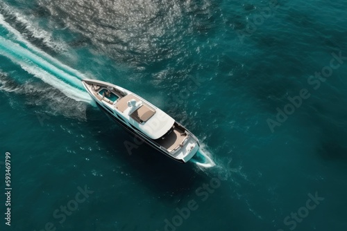 Aerial view of a speed boat in the turquoise sea, Generative AI © LAYHONG