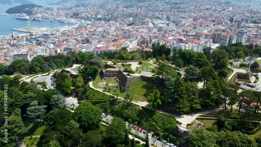 Aerial dolly Monte do castro, vigo, Spain, fort with cityscape behind Aerial dolly Monte do castro, vigo, Spain, fort with cityscape behind