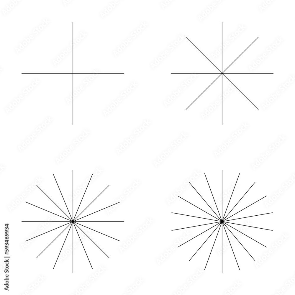 Set of converging radiating lines burst icon, geometric sunburst element, sun shape vector illustration Set of converging radiating lines burst icon, geometric sunburst element, sun shape vector illustration