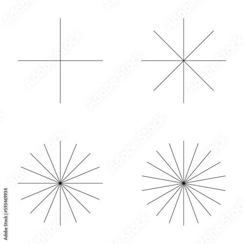 Set of converging radiating lines burst icon, geometric sunburst element, sun shape vector illustration