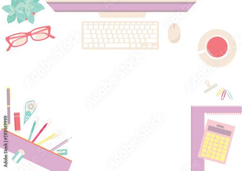 デスクワークのイラスト　カラフルな文房具　フラットレイ