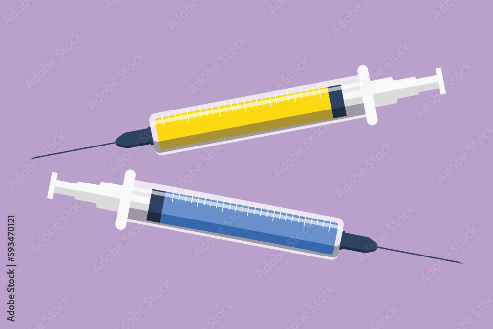 Graphic flat design drawing stylized injection syringe icon. Injection medical logo label. Vaccine and medicine symbol. Applicable for vaccine injection, vaccination. Cartoon style vector illustration Graphic flat design drawing stylized injection syringe icon. Injection medical logo label. Vaccine and medicine symbol. Applicable for vaccine injection, vaccination. Cartoon style vector illustration