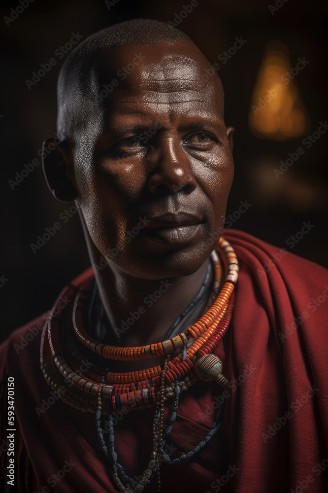 A dramatic portrait of a Maasai man with beaded accessories and traditional wear A dramatic portrait of a Maasai man with beaded accessories and traditional wear