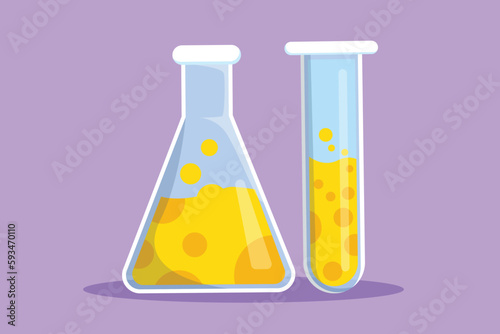 Cartoon flat style drawing chemistry laboratory glassware logotype, label, icon, sticker, symbol. Graduated lab tube, beaker and flask. Equipment for chemical test. Graphic design vector illustration