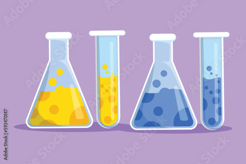 Character flat drawing stylized chemical research laboratory equipment logo, label, symbol. Chemistry laboratory glassware. Graduated lab test tube, beaker, flask. Cartoon design vector illustration