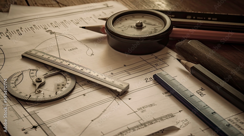 ruler, protractor, and compass on desk with graph paper. Generative AI