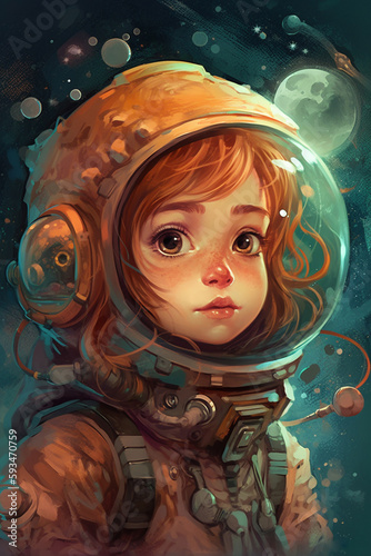 Little girl's fantastic journey in space: A comic-style painting in vibrant colors with a magical touch