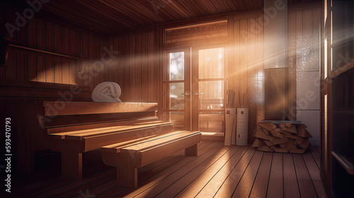 Wooden sauna in the rays of light with a stove and a large door, generative ai