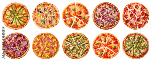 illustration of different pizza on white background. Created with Generative AI