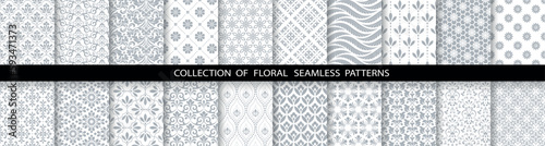 Geometric floral set of seamless patterns. White and gray vector backgrounds. Damask graphic ornaments
