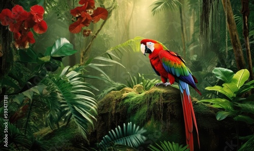 The tropical rainforest is home to vibrant parrots Creating using generative AI tools © uhdenis