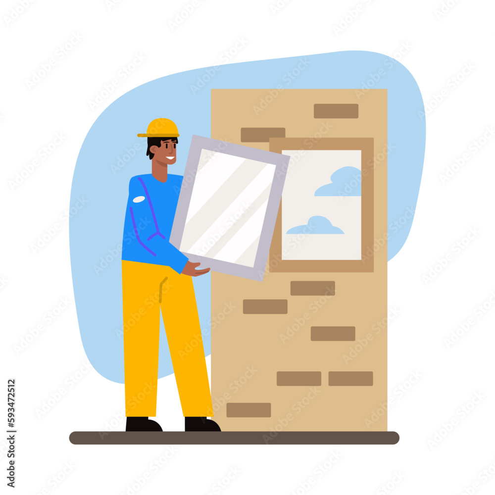 Cartoon character of young dark man installing windows in flat. House renovation and repairing. Process of making home repair. Redecorating house interior. Vector Cartoon character of young dark man installing windows in flat. House renovation and repairing. Process of making home repair. Redecorating house interior. Vector