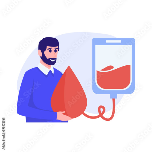 Cartoon character of man with beard donating his blood. Blood or plasma donation in modern clinic. Charity and healthcare. Volunteering organization member. Vector photo