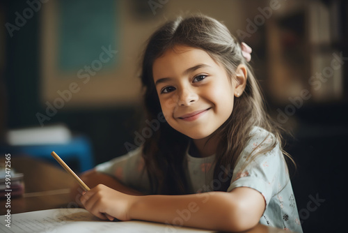 a playful young girl wearing light green flower dress and wear bow tie working on homework in the classroom smiling, latino girl drawing with pencil cheerful mood, generative ai