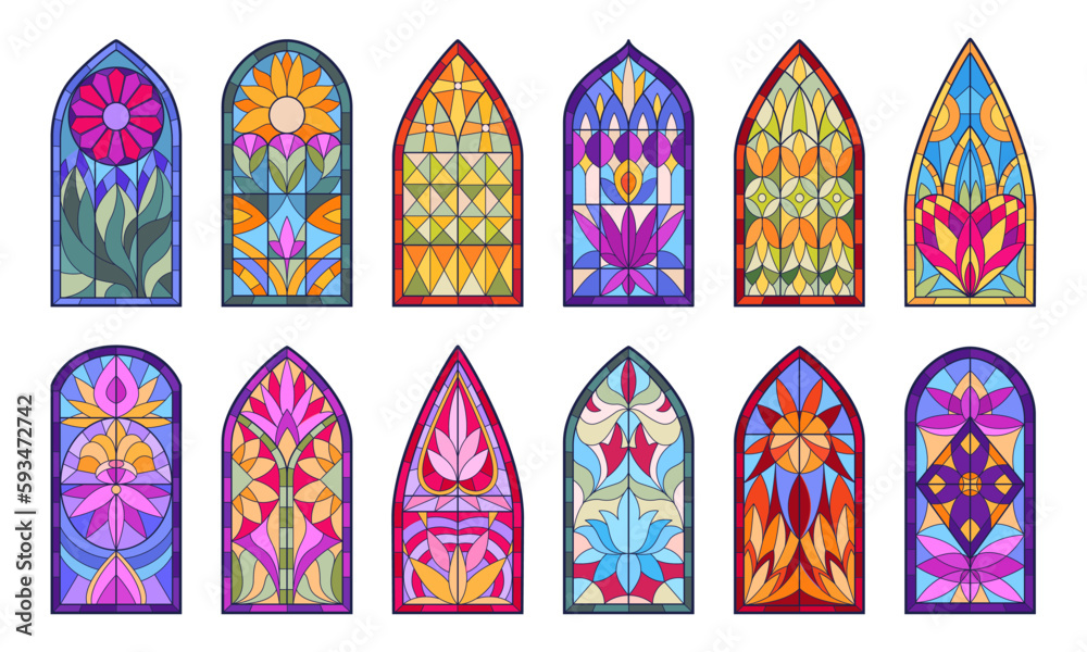 Stained glass windows. Mosaic church windows, decorative cathedral